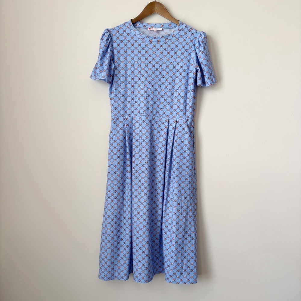 Jude Connally Blue Geometric Print Midi Stacey Dress Medium Classic Preppy
